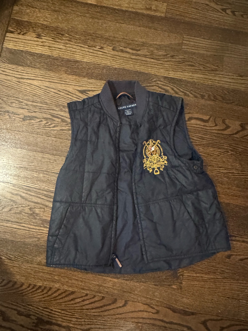 Ralph Lauren Navy Quilted Crest Vest with Gold Embroidery